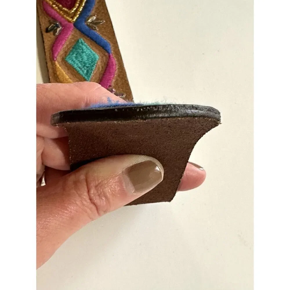 CHICO'S Women's Embroidered/Beaded Wide Leather Bohemian Belt Brown Size Large